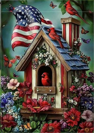PT2276116 Birdhouse Patriotic Flag Cardinal garden flag double sided